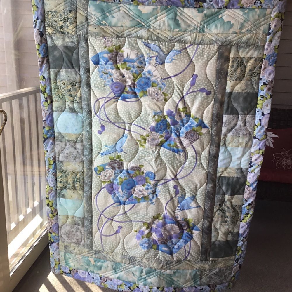 NWT Hand Crafted Quilt in Oriental Prints of Blues and Aquas With Cranes